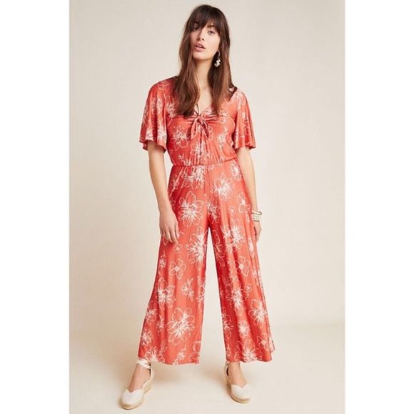 Farm Rio for Anthropologie Jacobella Red Floral Wide Leg Jumpsuit M - Picture 1 of 10